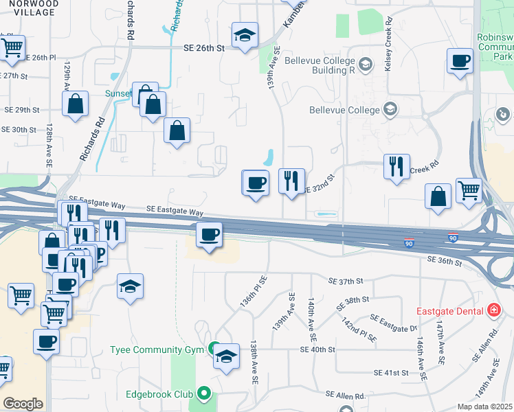 map of restaurants, bars, coffee shops, grocery stores, and more near 13810 Southeast Eastgate Way in Bellevue