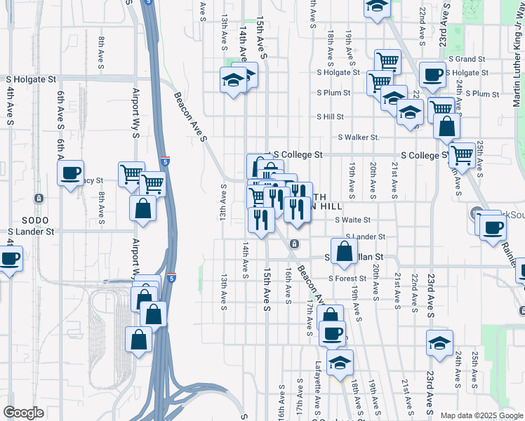 map of restaurants, bars, coffee shops, grocery stores, and more near 2507 Beacon Avenue South in Seattle