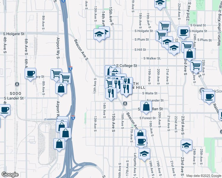 map of restaurants, bars, coffee shops, grocery stores, and more near 2507 Beacon Avenue South in Seattle