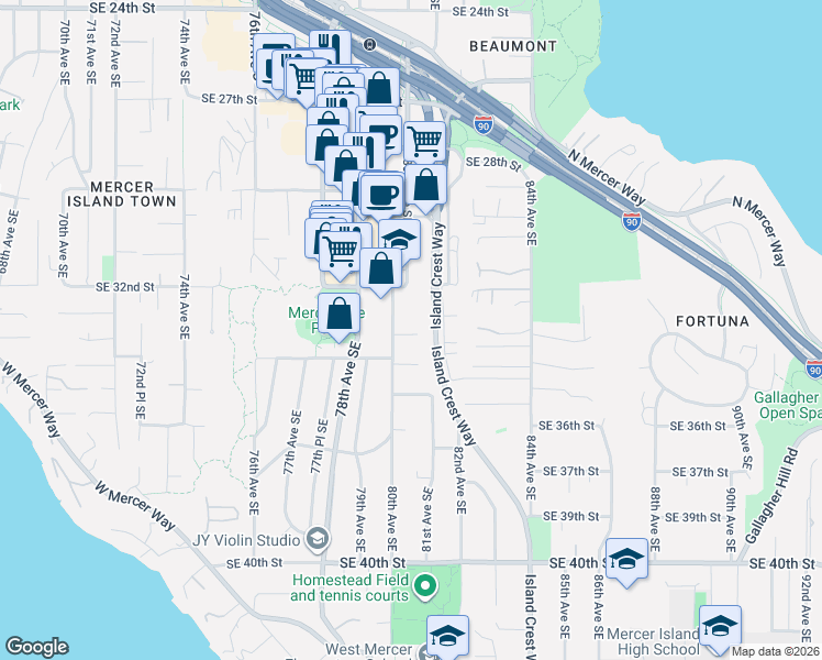 map of restaurants, bars, coffee shops, grocery stores, and more near 8000 Southeast 34th Place in Mercer Island