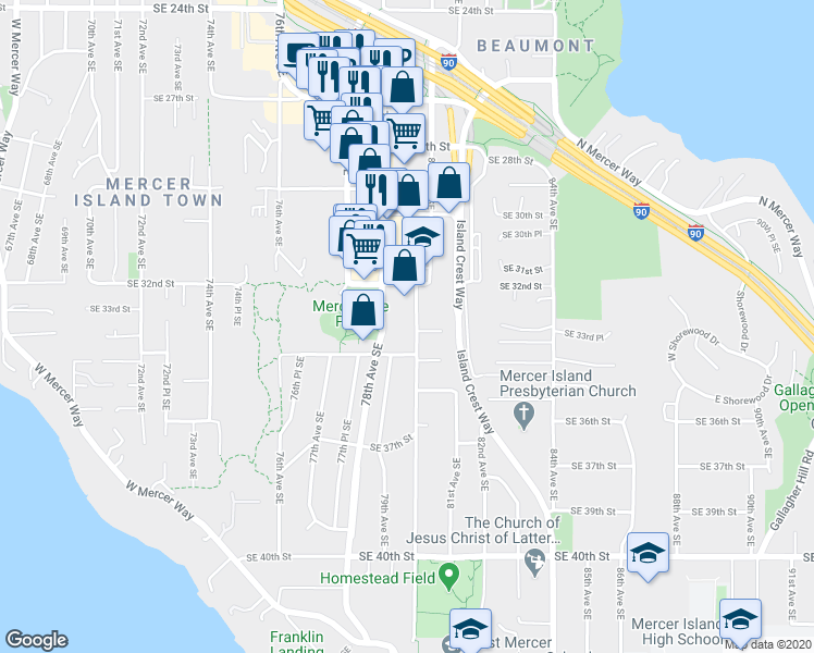 map of restaurants, bars, coffee shops, grocery stores, and more near 8000 Southeast 34th Place in Mercer Island