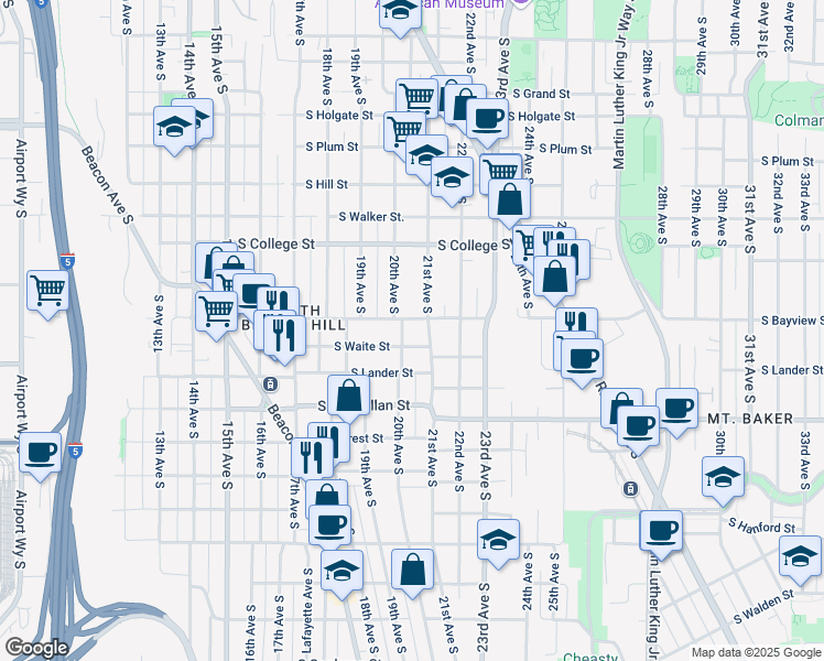 map of restaurants, bars, coffee shops, grocery stores, and more near 2605 21st Avenue South in Seattle