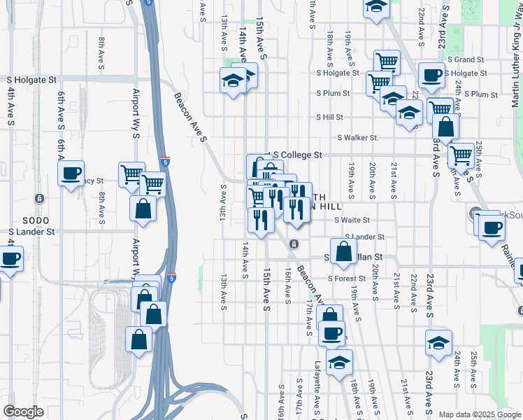 map of restaurants, bars, coffee shops, grocery stores, and more near 2535 Beacon Avenue South in Seattle