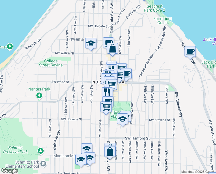 map of restaurants, bars, coffee shops, grocery stores, and more near 2622 California Avenue Southwest in Seattle