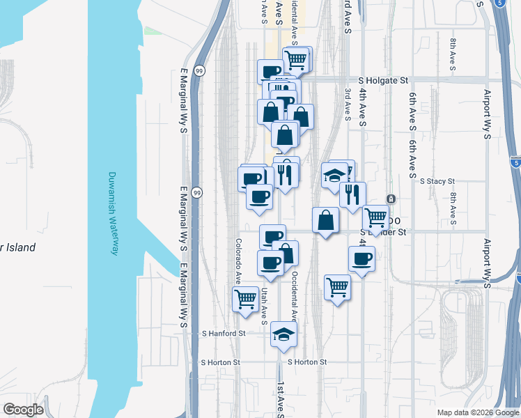map of restaurants, bars, coffee shops, grocery stores, and more near 2401 Utah Avenue South in Seattle