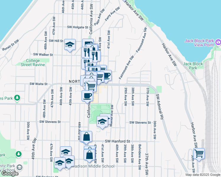 map of restaurants, bars, coffee shops, grocery stores, and more near 2514 41st Avenue Southwest in Seattle