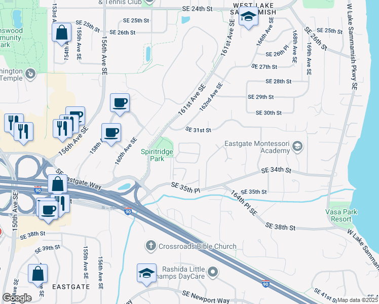 map of restaurants, bars, coffee shops, grocery stores, and more near 16178 Southeast 33rd Circle in Bellevue