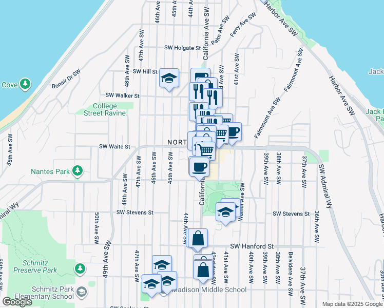 map of restaurants, bars, coffee shops, grocery stores, and more near in Seattle