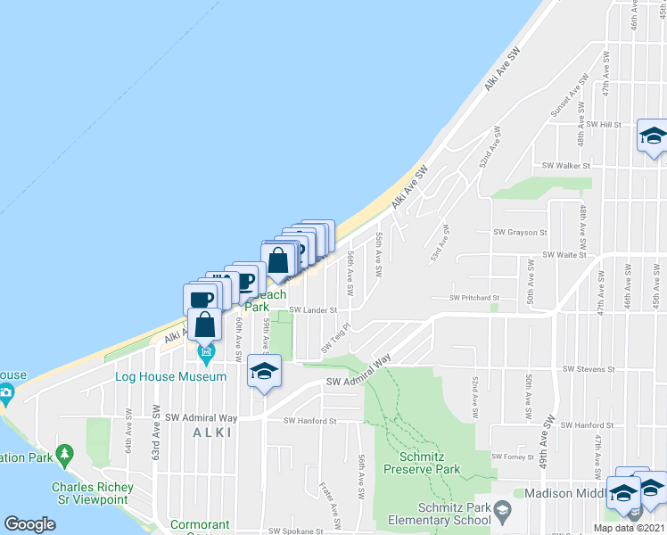 map of restaurants, bars, coffee shops, grocery stores, and more near 2440 Alki Avenue Southwest in Seattle