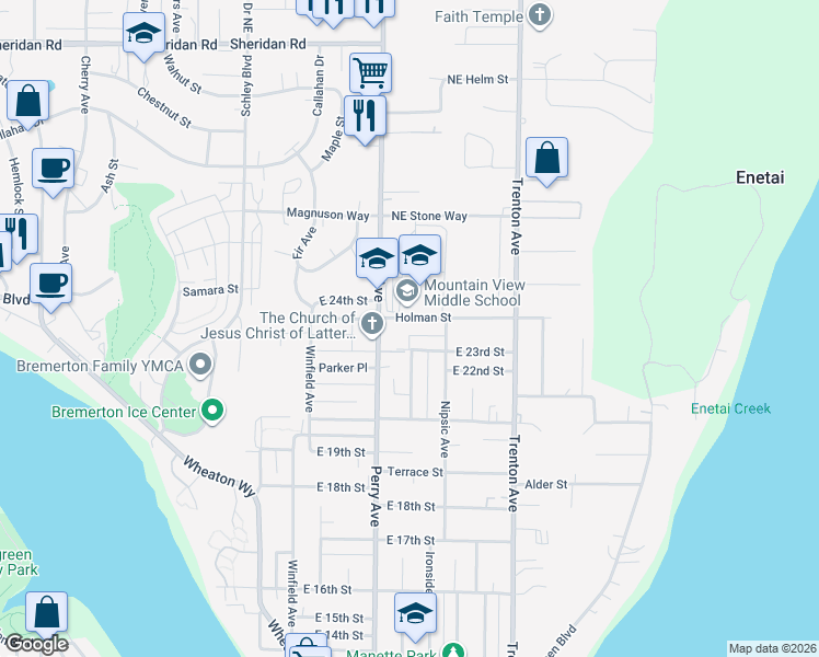 map of restaurants, bars, coffee shops, grocery stores, and more near 2400 Perry Avenue in Bremerton