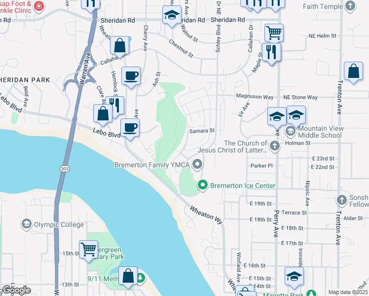 map of restaurants, bars, coffee shops, grocery stores, and more near 2323 Seringa Avenue in Bremerton