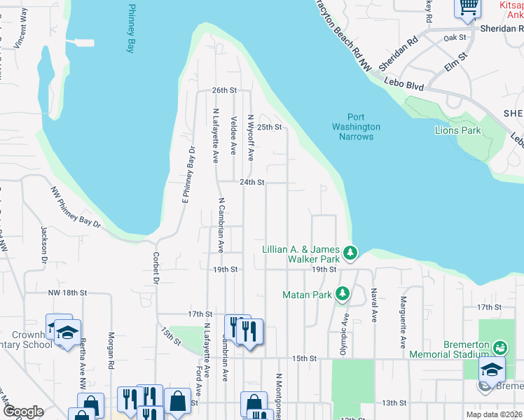 map of restaurants, bars, coffee shops, grocery stores, and more near 2121 North Callow Avenue in Bremerton