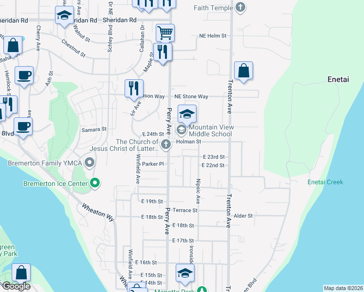 map of restaurants, bars, coffee shops, grocery stores, and more near 2400 Perry Avenue in Bremerton