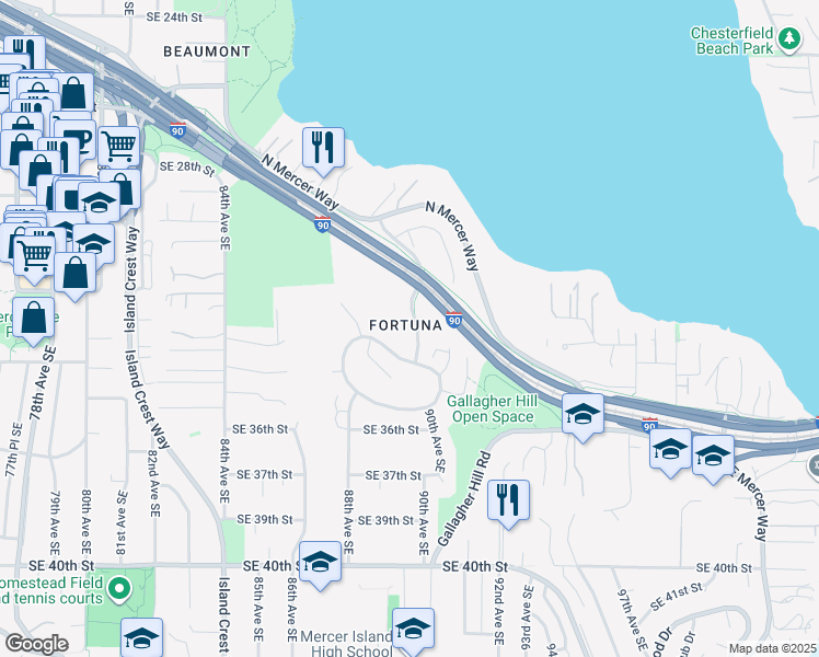 map of restaurants, bars, coffee shops, grocery stores, and more near 3205 Shorewood Drive in Mercer Island