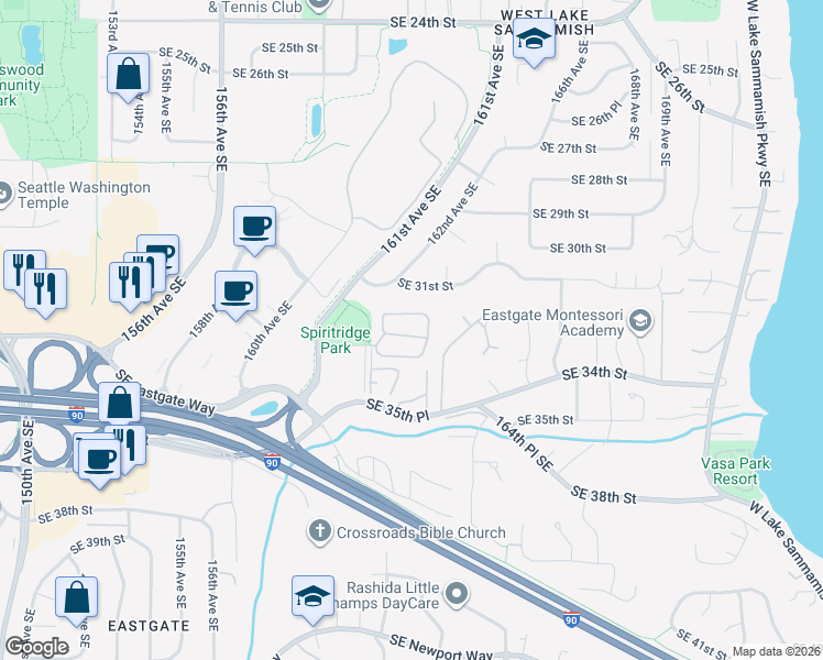 map of restaurants, bars, coffee shops, grocery stores, and more near 16178 Southeast 33rd Circle in Bellevue