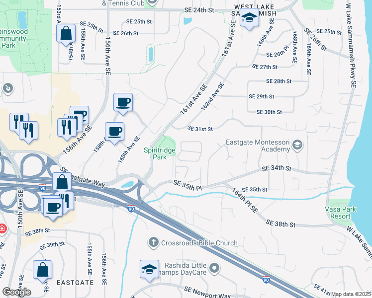 map of restaurants, bars, coffee shops, grocery stores, and more near 16178 Southeast 33rd Circle in Bellevue