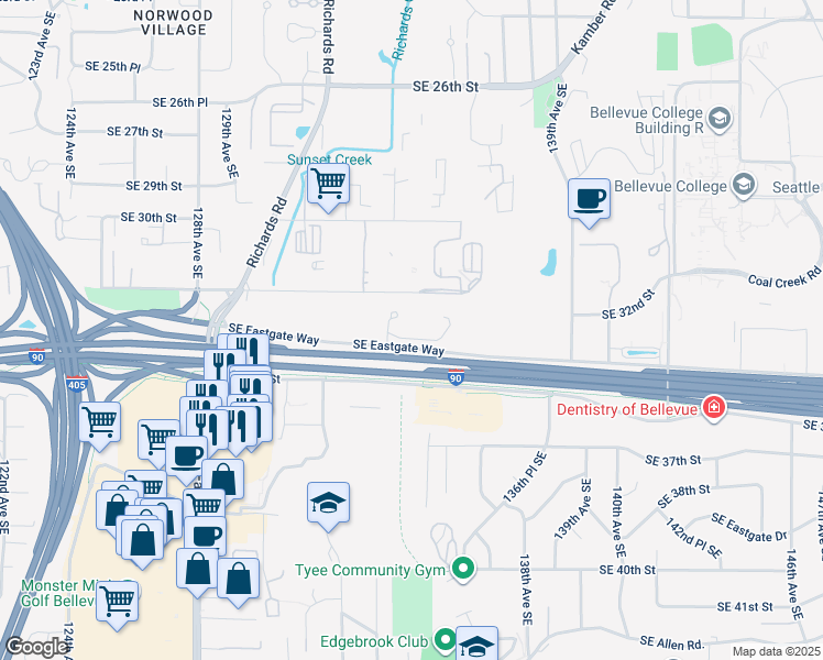 map of restaurants, bars, coffee shops, grocery stores, and more near 13315-13405 SE 32nd St in Bellevue