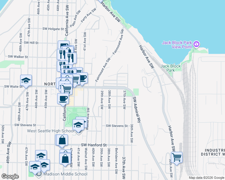 map of restaurants, bars, coffee shops, grocery stores, and more near 3781 Southwest Grayson Street in Seattle