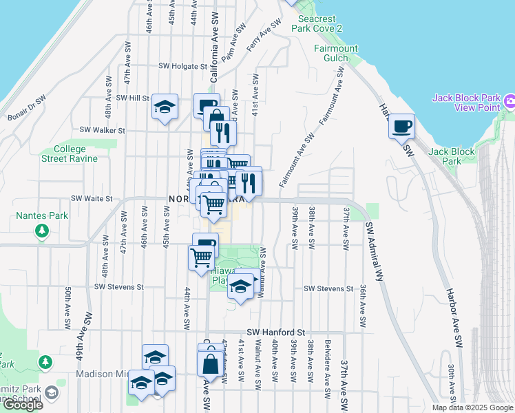 map of restaurants, bars, coffee shops, grocery stores, and more near 2514 41st Avenue Southwest in Seattle