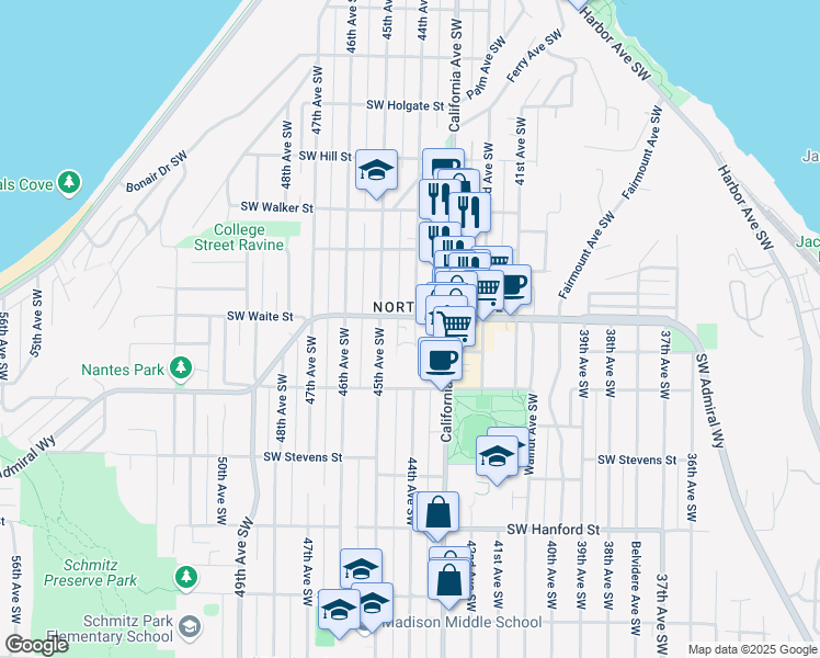 map of restaurants, bars, coffee shops, grocery stores, and more near in Seattle