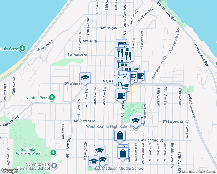 map of restaurants, bars, coffee shops, grocery stores, and more near in Seattle