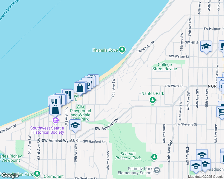 map of restaurants, bars, coffee shops, grocery stores, and more near 2427 55th Avenue Southwest in Seattle
