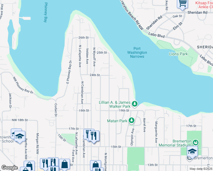 map of restaurants, bars, coffee shops, grocery stores, and more near 2143 Snyder Avenue in Bremerton
