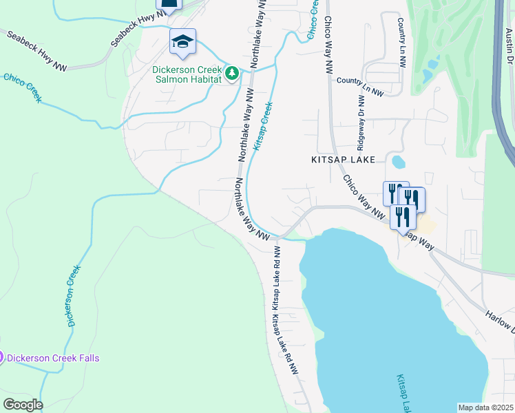 map of restaurants, bars, coffee shops, grocery stores, and more near 2106 Northlake Way Northwest in Bremerton
