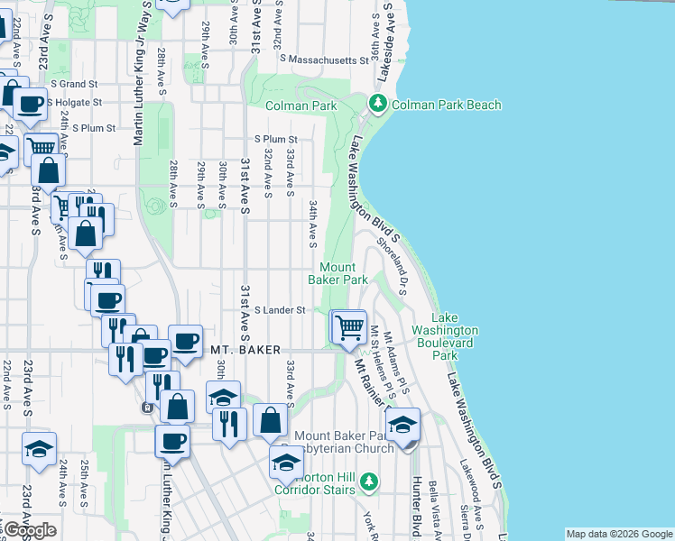 map of restaurants, bars, coffee shops, grocery stores, and more near 2521 Lake Park Drive South in Seattle