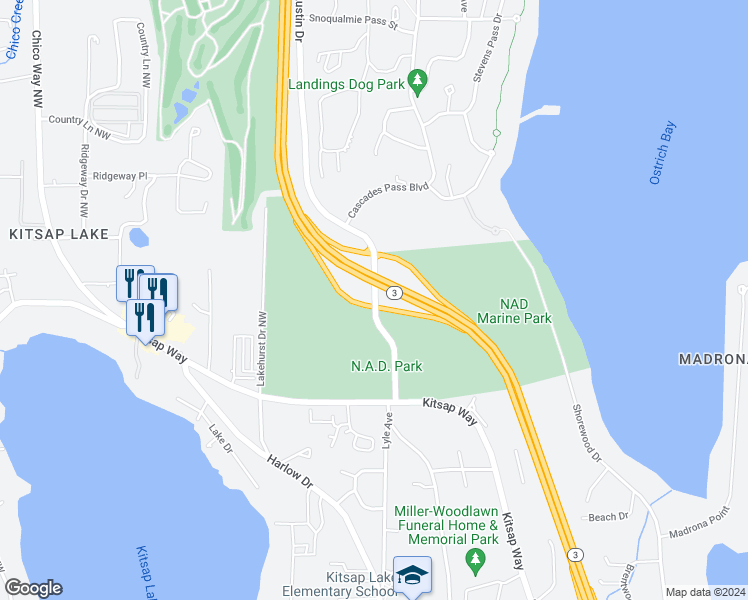 map of restaurants, bars, coffee shops, grocery stores, and more near 55 Austin Drive in Bremerton