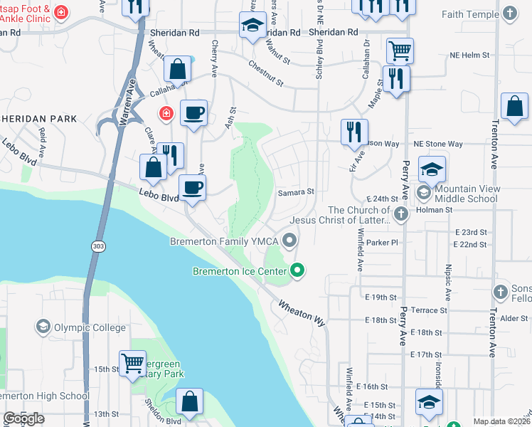 map of restaurants, bars, coffee shops, grocery stores, and more near 2305 Seringa Avenue in Bremerton