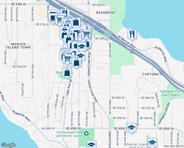 map of restaurants, bars, coffee shops, grocery stores, and more near 3208 81st Place Southeast in Mercer Island