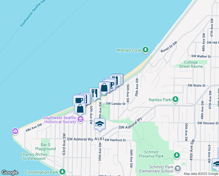 map of restaurants, bars, coffee shops, grocery stores, and more near 2665 Alki Avenue Southwest in Seattle