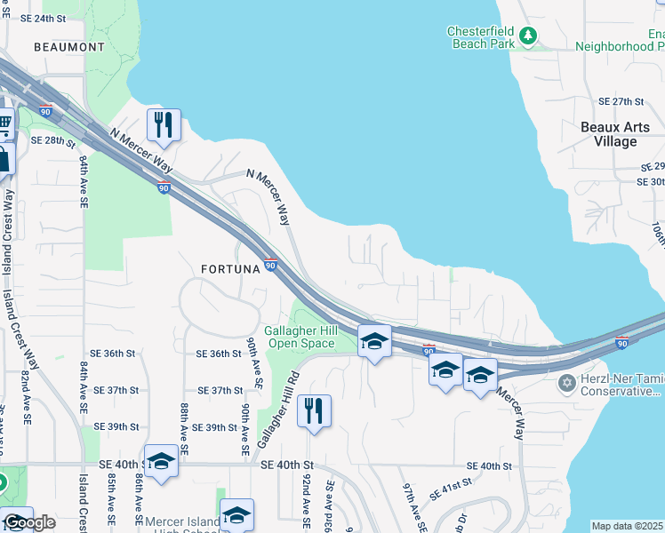 map of restaurants, bars, coffee shops, grocery stores, and more near 9106 Fortuna Drive Southeast in Mercer Island