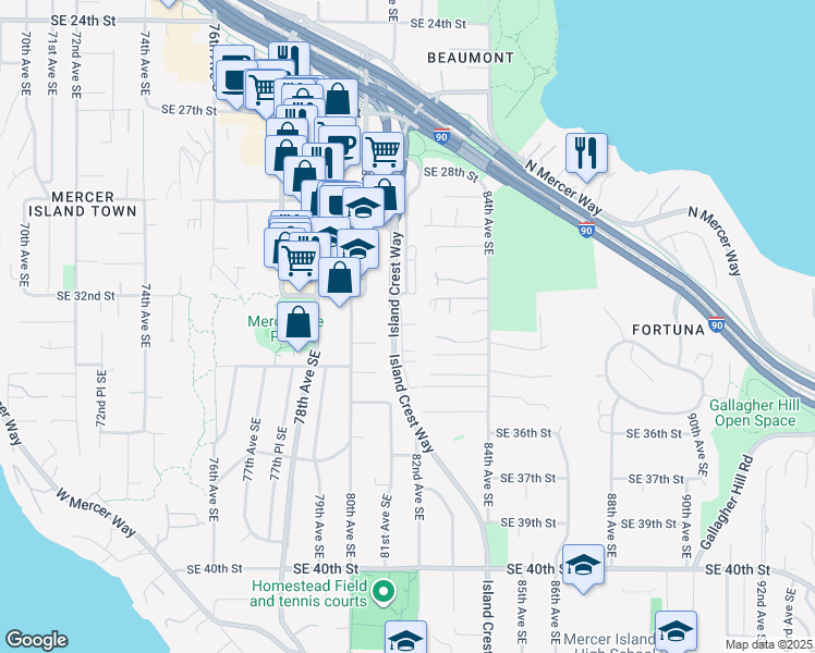 map of restaurants, bars, coffee shops, grocery stores, and more near 3208 81st Place Southeast in Mercer Island