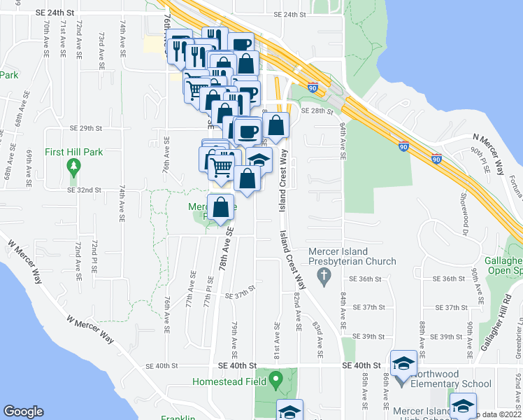 map of restaurants, bars, coffee shops, grocery stores, and more near 3206 80th Avenue Southeast in Mercer Island