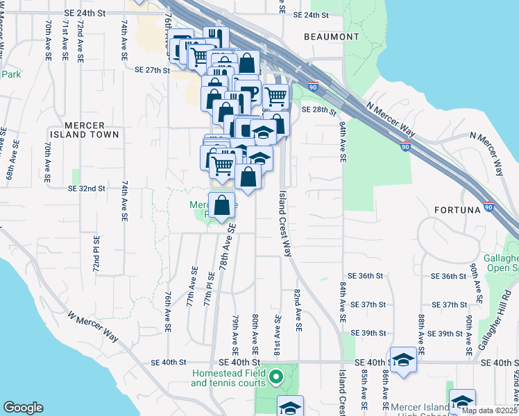 map of restaurants, bars, coffee shops, grocery stores, and more near 3212 80th Avenue Southeast in Mercer Island