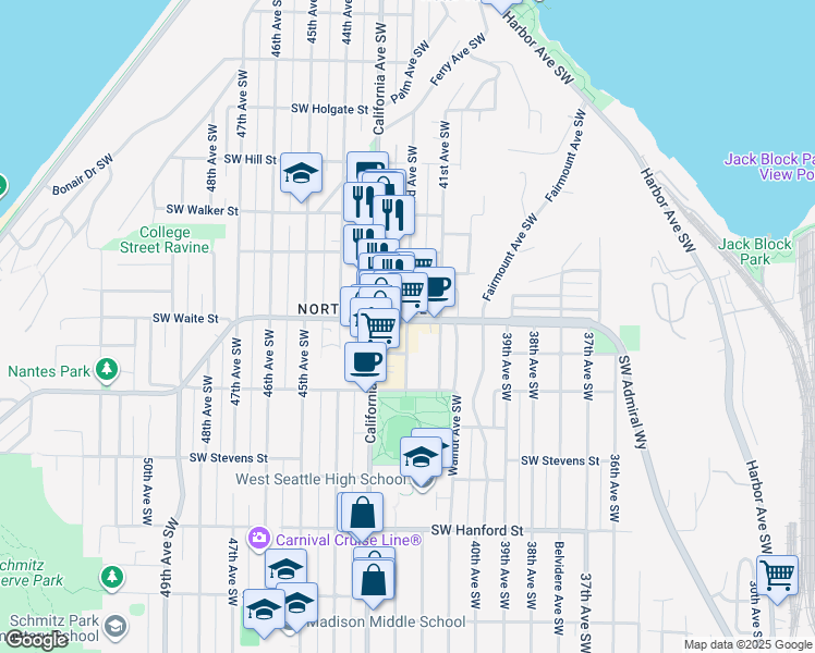map of restaurants, bars, coffee shops, grocery stores, and more near in Seattle