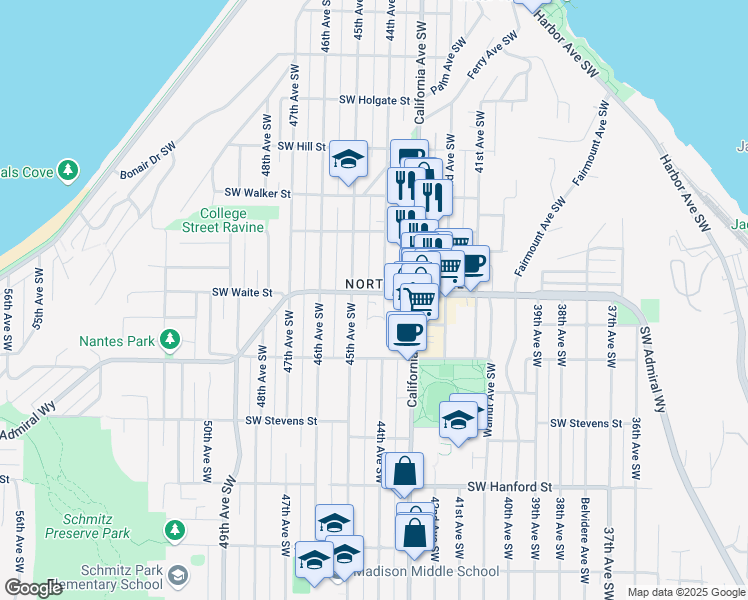 map of restaurants, bars, coffee shops, grocery stores, and more near in Seattle