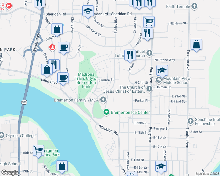map of restaurants, bars, coffee shops, grocery stores, and more near 2344 Schley Boulevard in Bremerton