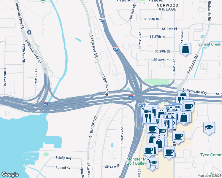 map of restaurants, bars, coffee shops, grocery stores, and more near 3308 118th Avenue Southeast in Bellevue