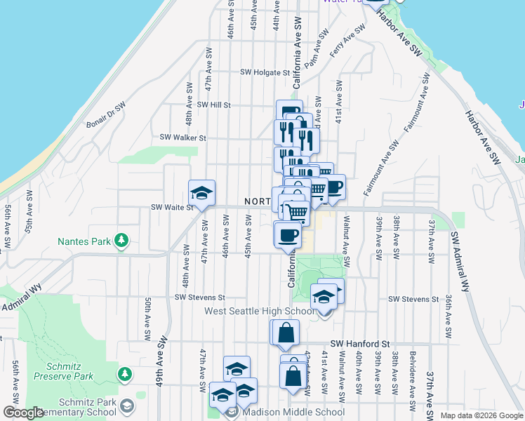 map of restaurants, bars, coffee shops, grocery stores, and more near 4409 Southwest Admiral Way in Seattle