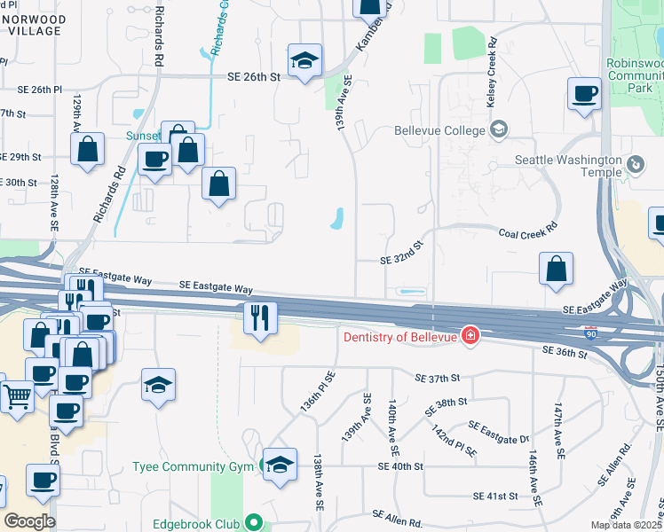 map of restaurants, bars, coffee shops, grocery stores, and more near 13920 Southeast Eastgate Way in Bellevue