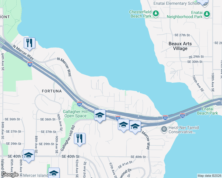 map of restaurants, bars, coffee shops, grocery stores, and more near 9426 Southeast 33rd Street in Mercer Island