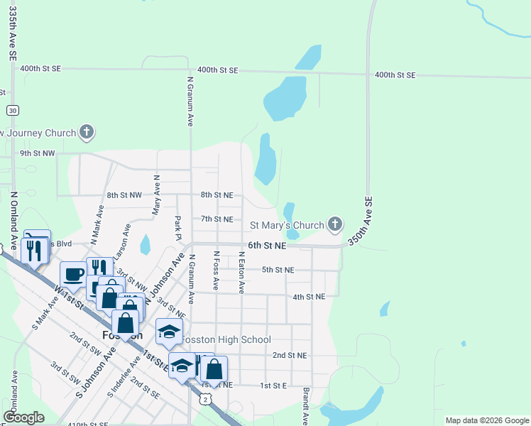 map of restaurants, bars, coffee shops, grocery stores, and more near 617 8th Street Northwest in Fosston