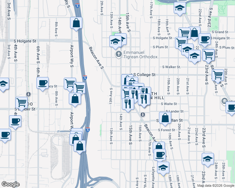 map of restaurants, bars, coffee shops, grocery stores, and more near 2415 Beacon Avenue South in Seattle