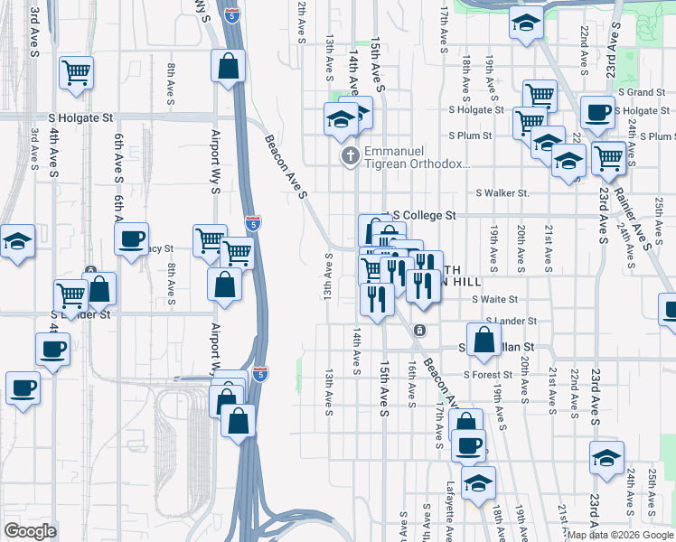 map of restaurants, bars, coffee shops, grocery stores, and more near 2410 13th Avenue South in Seattle