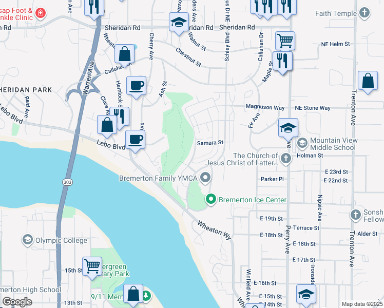 map of restaurants, bars, coffee shops, grocery stores, and more near 2323 Seringa Avenue in Bremerton
