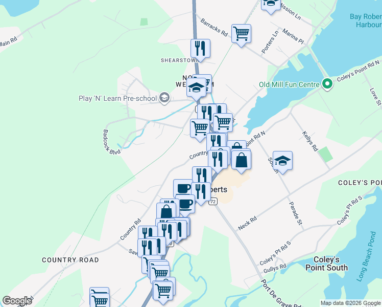 map of restaurants, bars, coffee shops, grocery stores, and more near 160 Conception Bay Highway in Bay Roberts