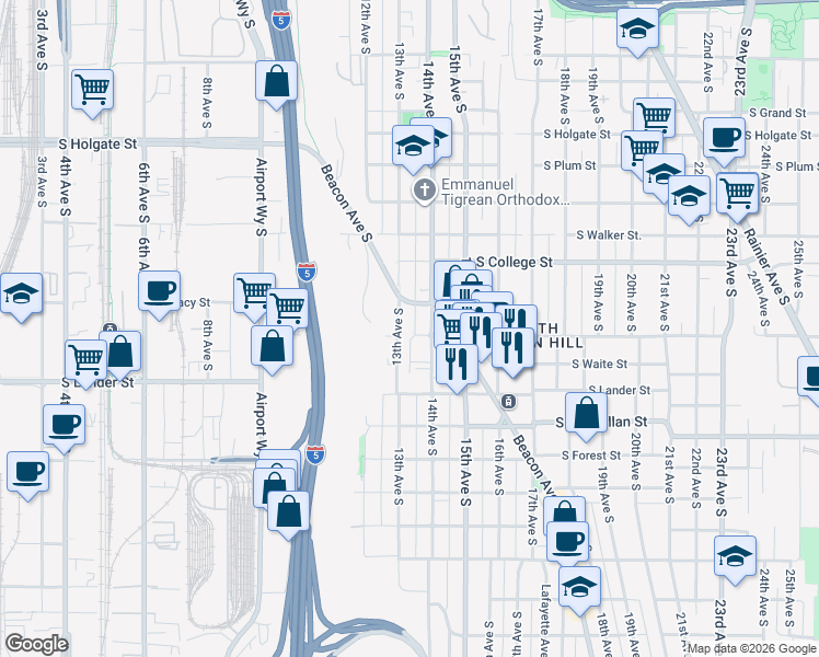 map of restaurants, bars, coffee shops, grocery stores, and more near 2410 13th Avenue South in Seattle